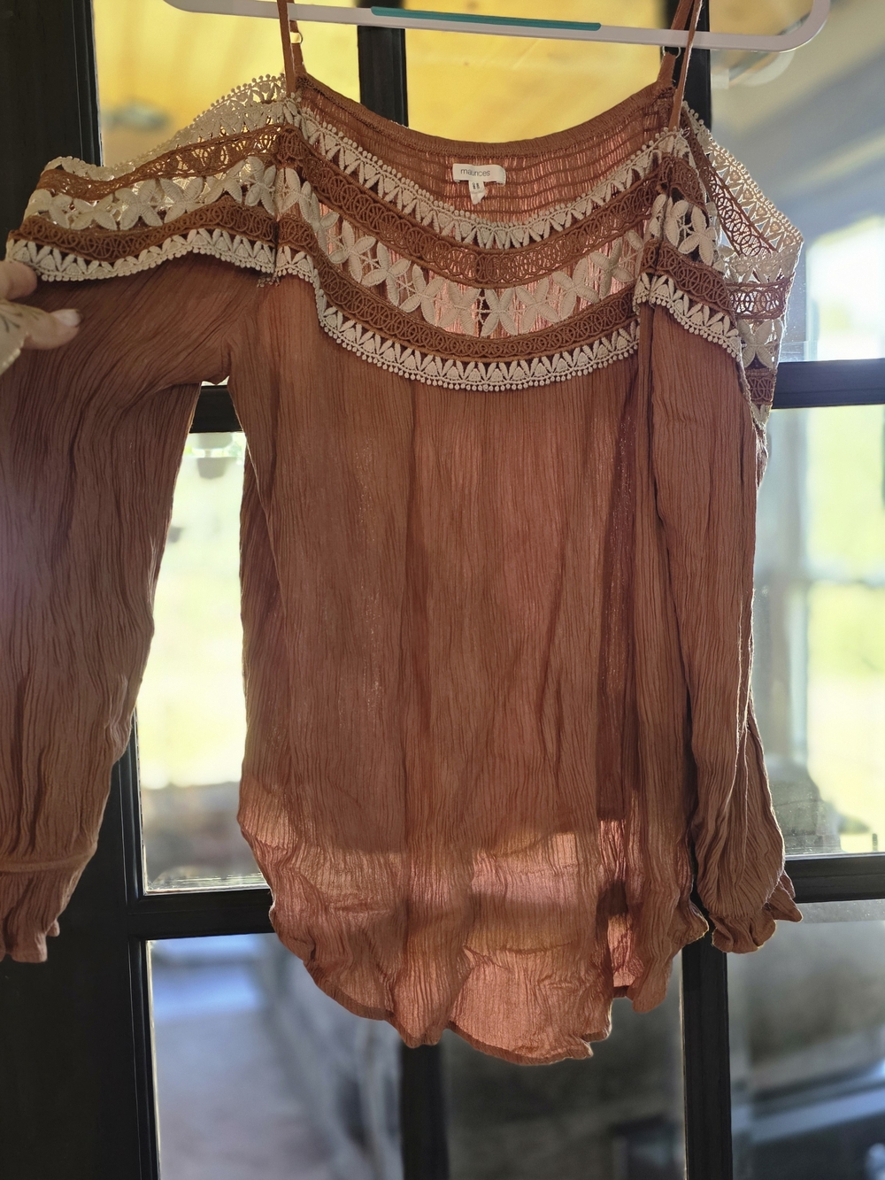 Maurices Rust Brown Cold-Shoulder Blouse with Cream Lace